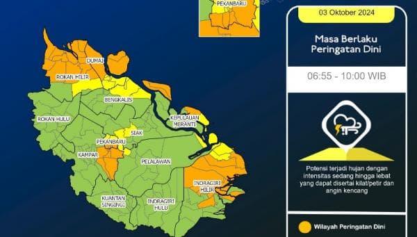 Hari Ini Riau Berpotensi Diguyur Hujan Lebat Disertai Petir