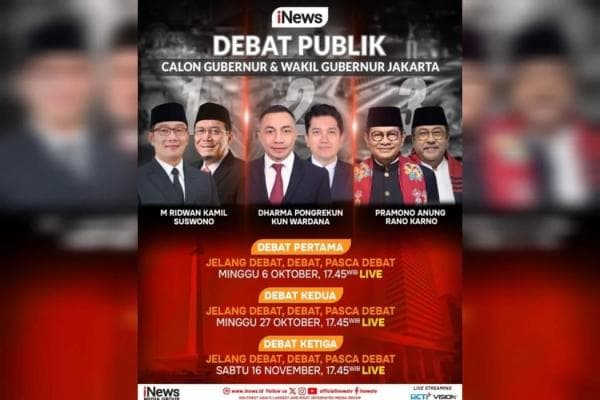 Live di iNews, Debat Cagub dan Cawagub Jakarta Mulai 6 Oktober 2024