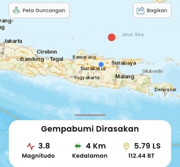 Gempabumi Tektonik M3,8 Dirasakan di Bawean, Gresik Jatim