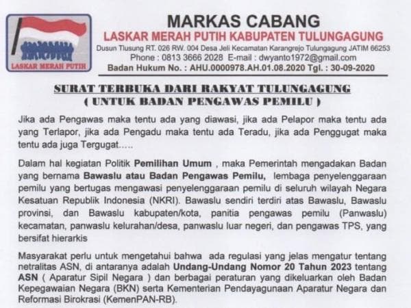 Surat Terbuka untuk Bawaslu Tulungagung yang Diduga Abaikan Laporan Dugaan Pelanggaran Paslon