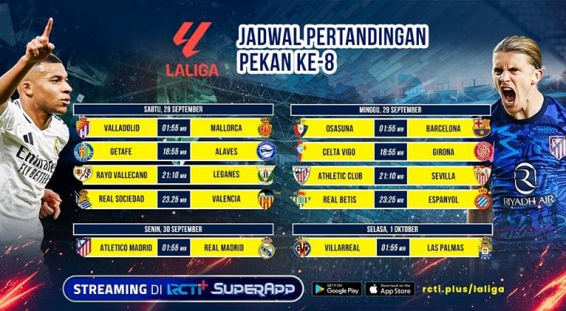 Link Live Streaming Liga Spanyol Pekan Ke-8 di RCTI+, Ada Derby Madrid