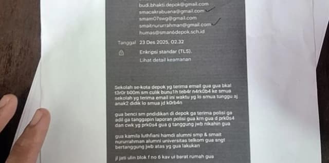 Isi Email Peneror Bom Sekolah di Depok: Laporan Kasus Pemerkosaan Gue Enggak Ditanggapin!