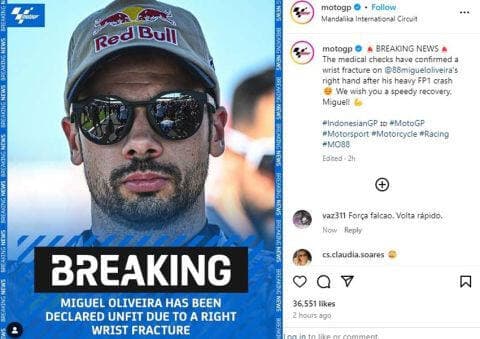 Kecelakaan hingga Patah Tangan, Miguel Oliveira Batal Tampil di MotoGP Indonesia 2024