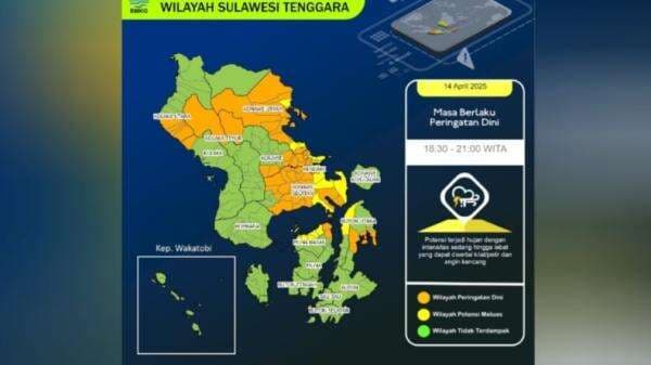 Prakiraan Cuaca Wilayah Sulawesi Tenggara 15 April 2025, Waspadai Hujan dan Angin Kencang Prakiraan Cuaca Wilayah Sulawesi Tenggara 15 April 2025, Waspadai Hujan dan Angin Kencang