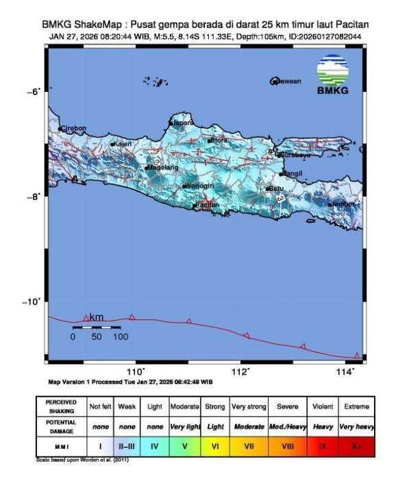 Update BMKG: Gempa Pacitan Jadi M5,7, Getaran Terasa di Semarang hingga Mataram