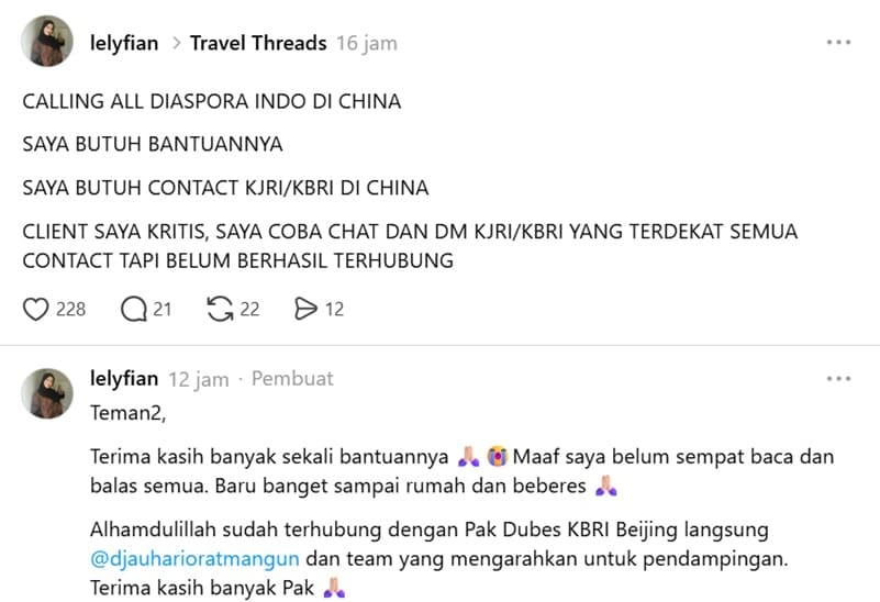 Warganet Bisa Terhubung Langsung dengan Dubes RI di China saat Situasi Kritis Berkat Unggahan Threads Warganet Bisa Terhubung Langsung dengan Dubes RI di China saat Situasi Kritis Berkat Unggahan Threads