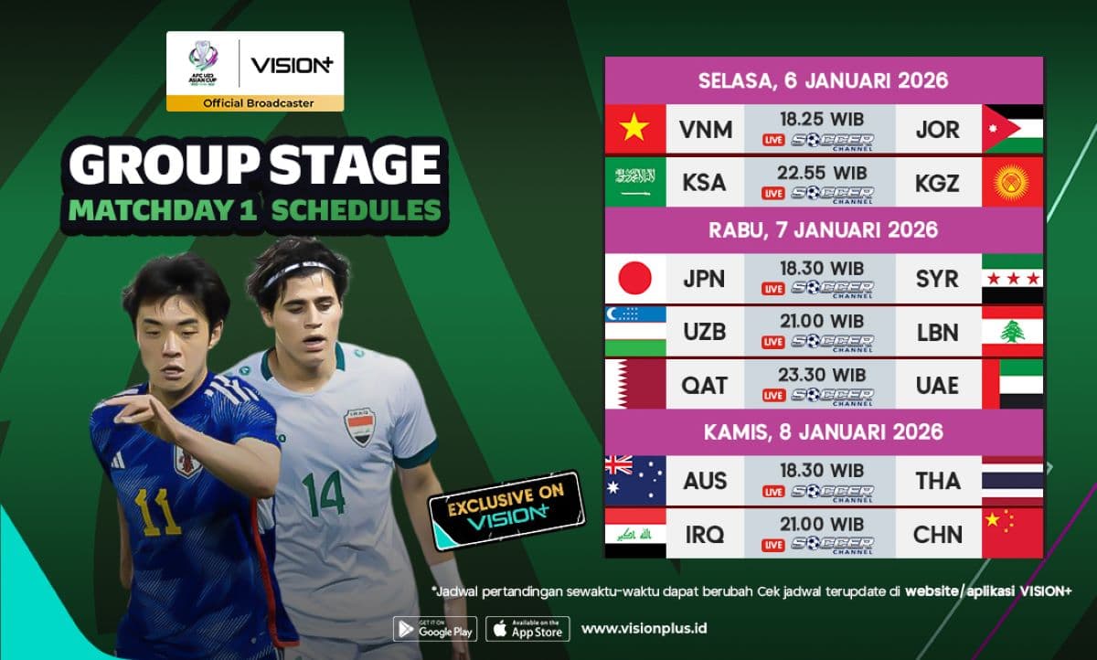 Jadwal dan Link Live Streaming Piala Asia U-23 2026 di Matchday Pertama: Tonton di VISION+! Jadwal dan Link Live Streaming Piala Asia U-23 2026 di Matchday Pertama: Tonton di VISION+!