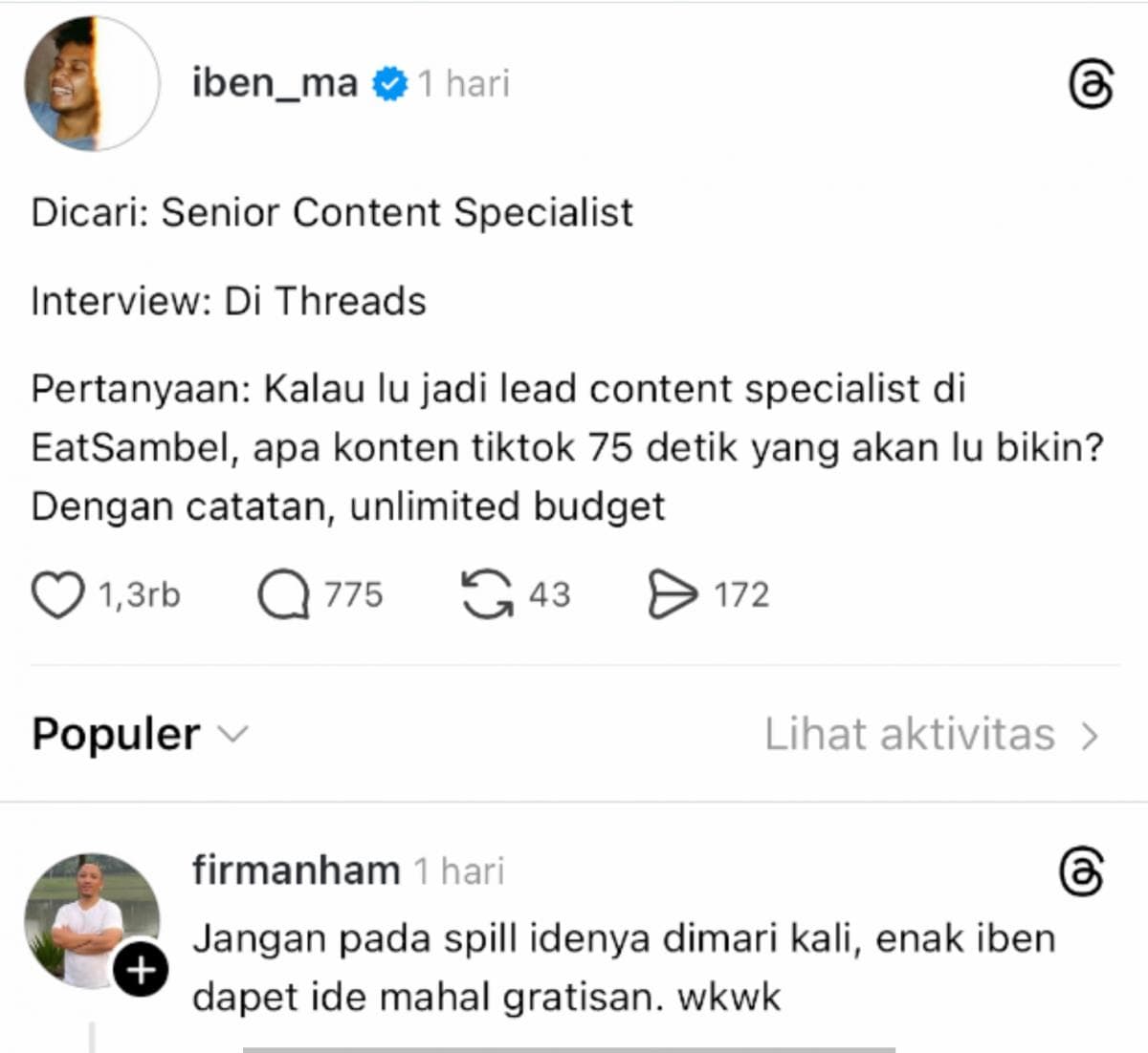 Viral Lowongan Kerja Iben MA, Netizen Sebut Cuma Cari Ide Gratis Viral Lowongan Kerja Iben MA, Netizen Sebut Cuma Cari Ide Gratis