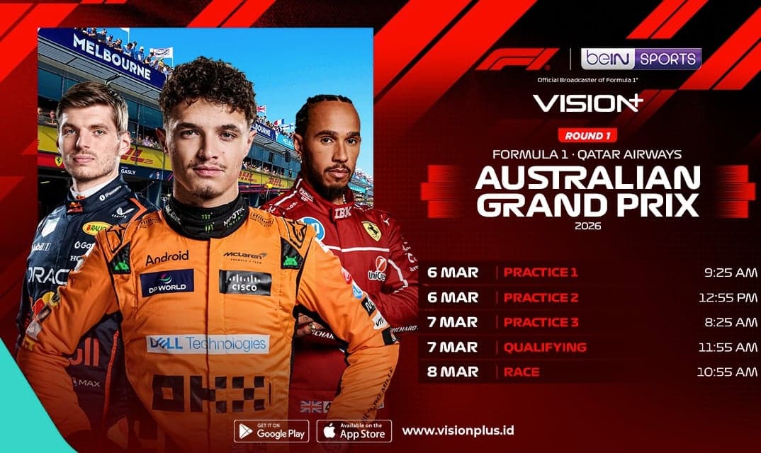 Formula 1 2026 Resmi Dimulai! Nonton Era Baru di Australian Grand Prix Live Streaming VISION+ Formula 1 2026 Resmi Dimulai! Nonton Era Baru di Australian Grand Prix Live Streaming VISION+