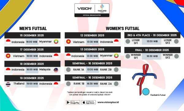 Jadwal Lengkap dan Link Live Streaming Timnas Futsal Indonesia di SEA Games 2025, Tonton di Vision+! Jadwal Lengkap dan Link Live Streaming Timnas Futsal Indonesia di SEA Games 2025, Tonton di Vision+!