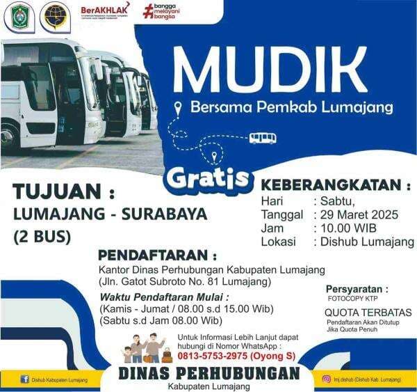 Pemkab Lumajang Gelar Mudik Gratis ke Surabaya, Catat Syarat dan Tanggal Pendaftarannya! Pemkab Lumajang Gelar Mudik Gratis ke Surabaya, Catat Syarat dan Tanggal Pendaftarannya!