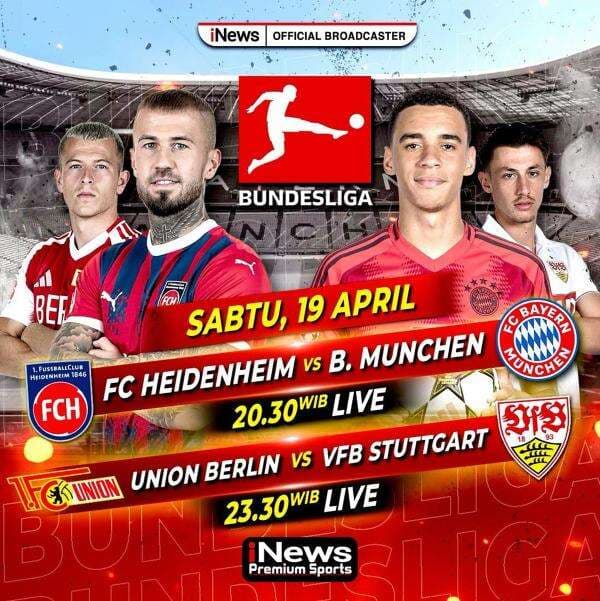 Jadwal Siaran Langsung Matchday 30 Bundesliga 2024-2025 di iNews Malam Ini: Ada Heidenheim vs Bayern Munich Jadwal Siaran Langsung Matchday 30 Bundesliga 2024-2025 di iNews Malam Ini: Ada Heidenheim vs Bayern Munich