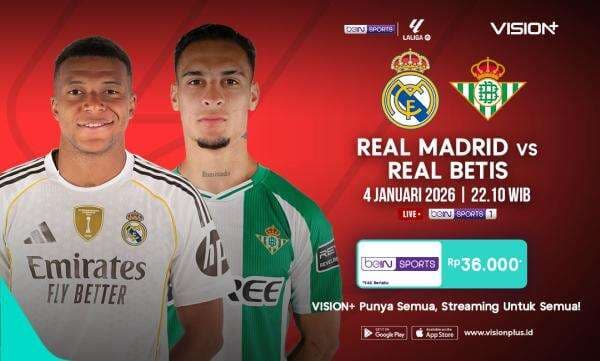 Jadwal dan Link Live Streaming Real Madrid vs Real Betis di Liga Spanyol 2025-2026 di Vision+, Klik di Sini! Jadwal dan Link Live Streaming Real Madrid vs Real Betis di Liga Spanyol 2025-2026 di Vision+, Klik di Sini!